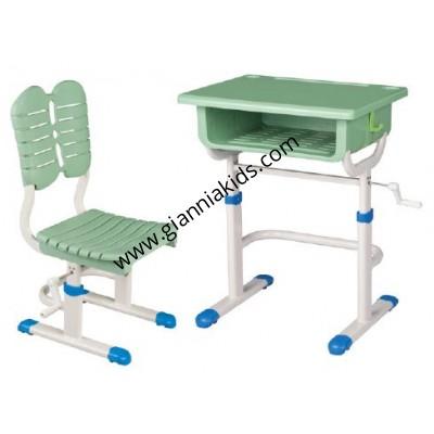 Hand cranked lifting plastic desks and chairs