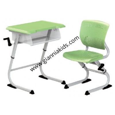 Hand cranked lifting plastic desks and chairs