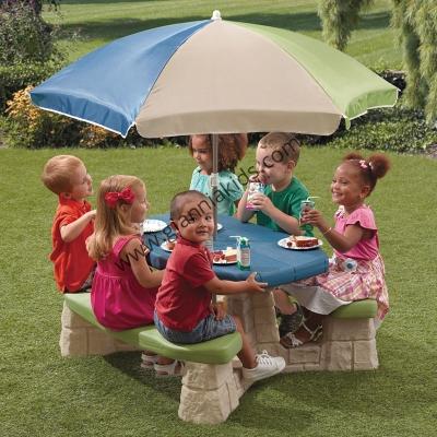 Natural picnic table and chairs with umbrella included